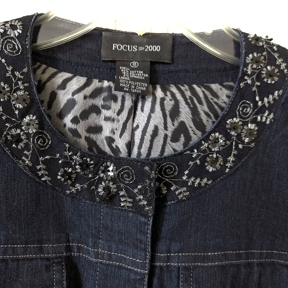 Focus 2000 Vintage Denim Jacket 10 Dark Wash Embroidered Sequin Collar Y2K